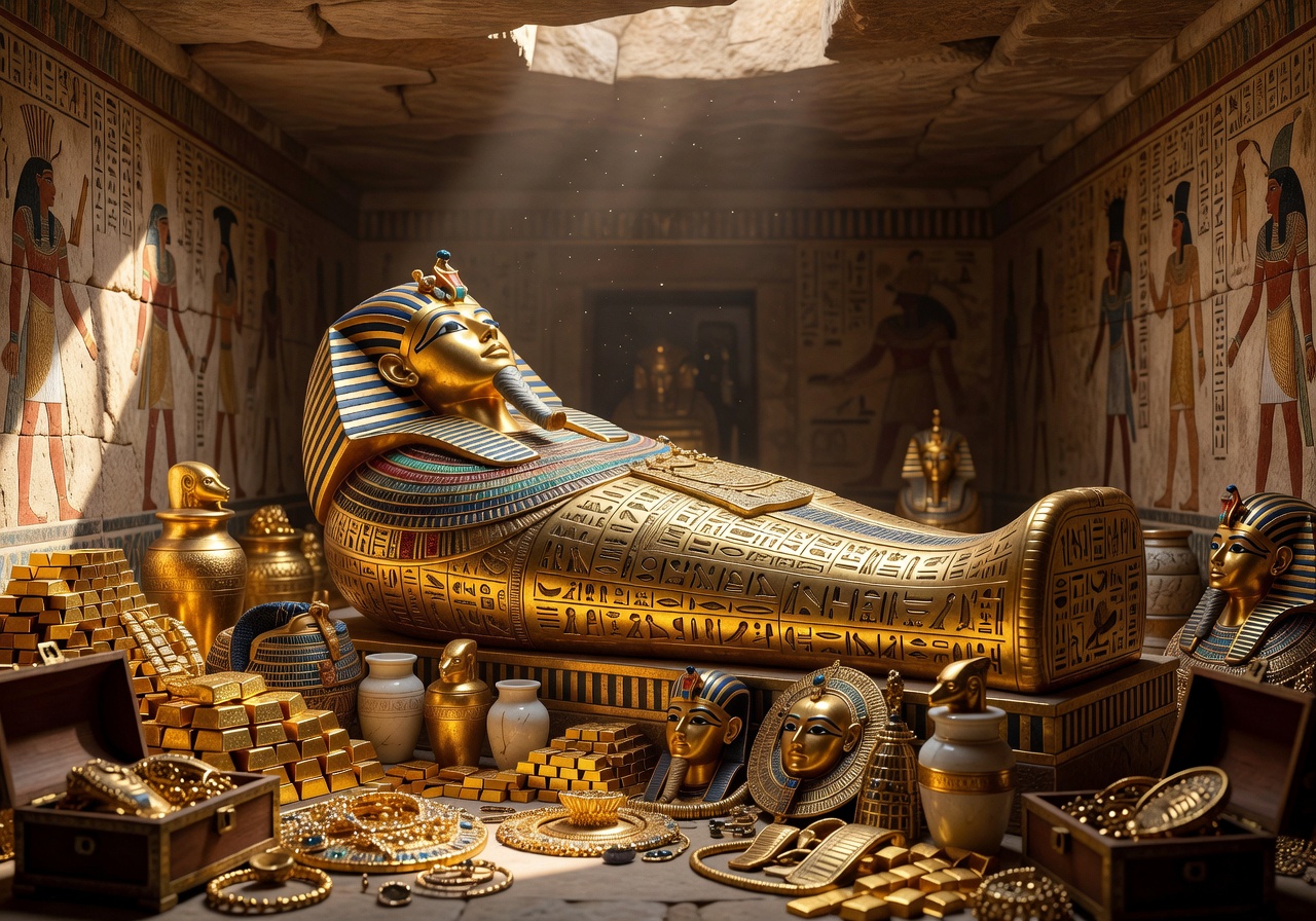 Luxurious golden treasures of the pharaoh sarcophagus glowing in a dark chamber