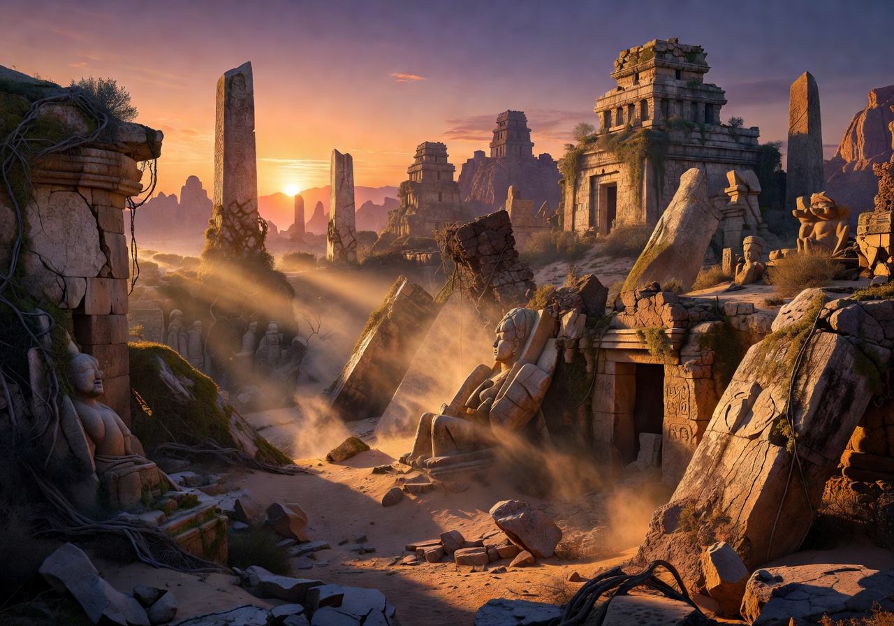 Mystical archaeological temple ruins under a majestic ancient sunset glow