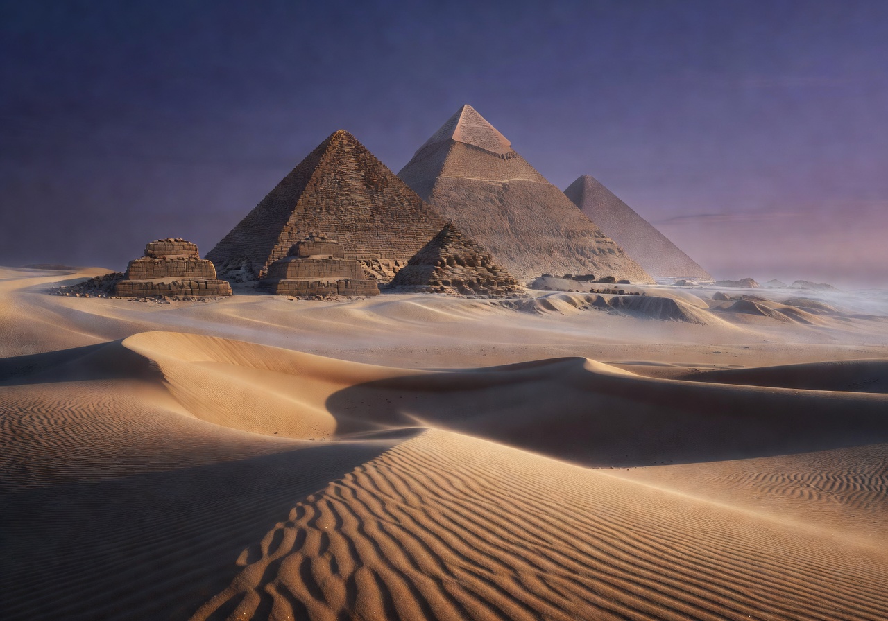 Mystical Great Giza Pyramids and ancient golden sand dunes under a dramatic sunset